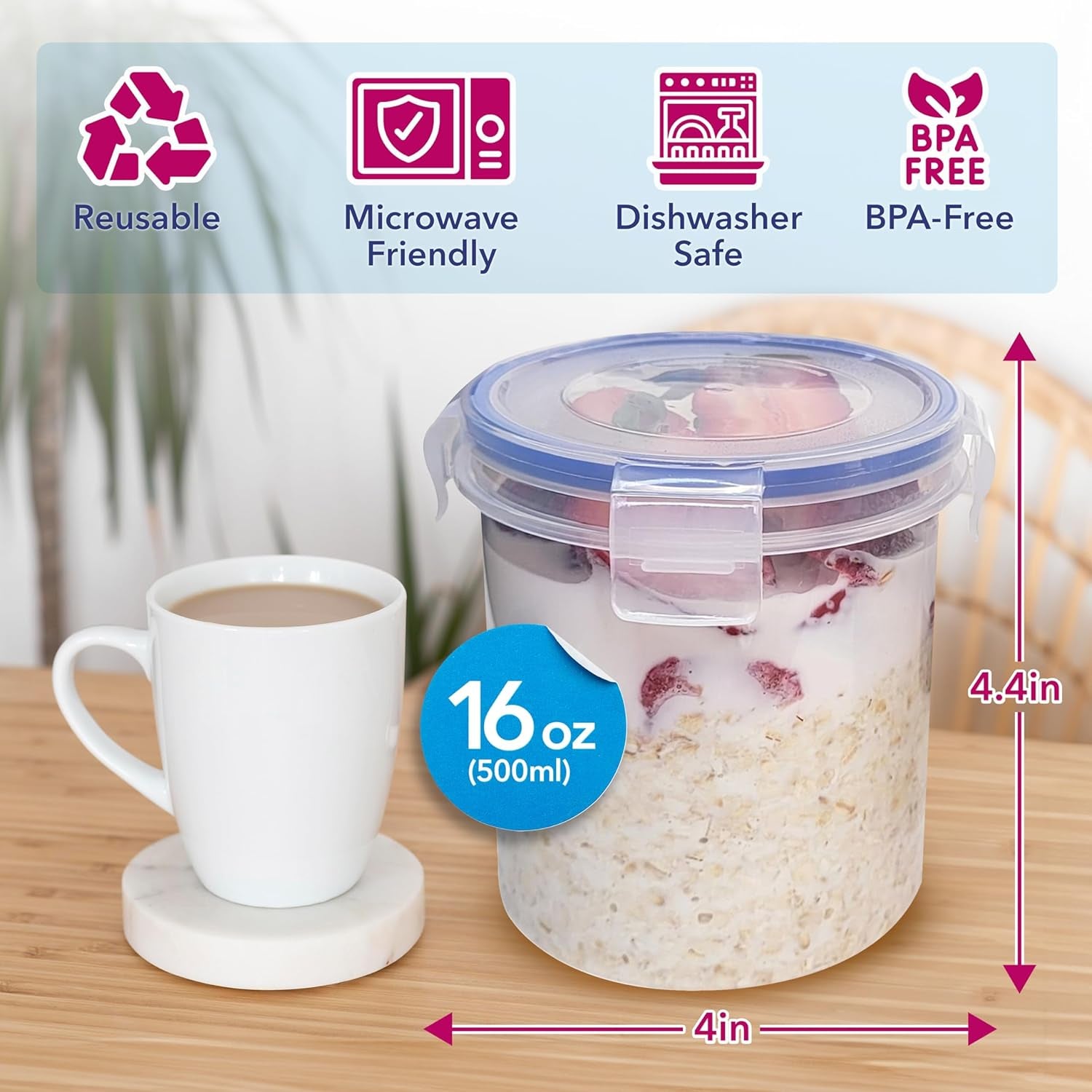 Overnight Oats Container with Lids (4-Piece Set) - 16 Oz Plastic Containers - Oatmeal Container to Go | Portable Cereal and Milk Container| Snap Lock Storage Jars with Airtight Lids