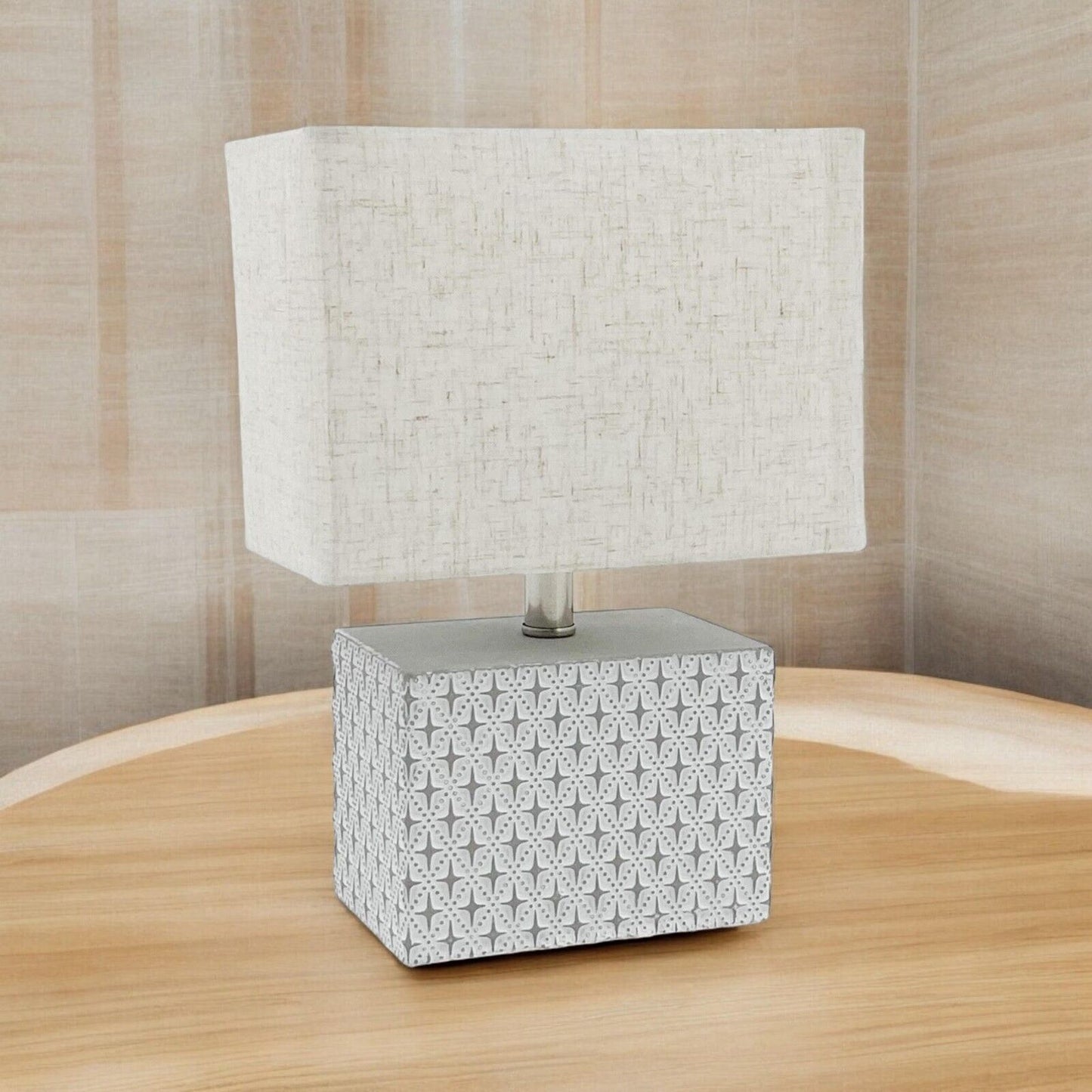 Stylish Cream Cement Table Lamp with Fabric Shade – Compact Lighting for Bedroom