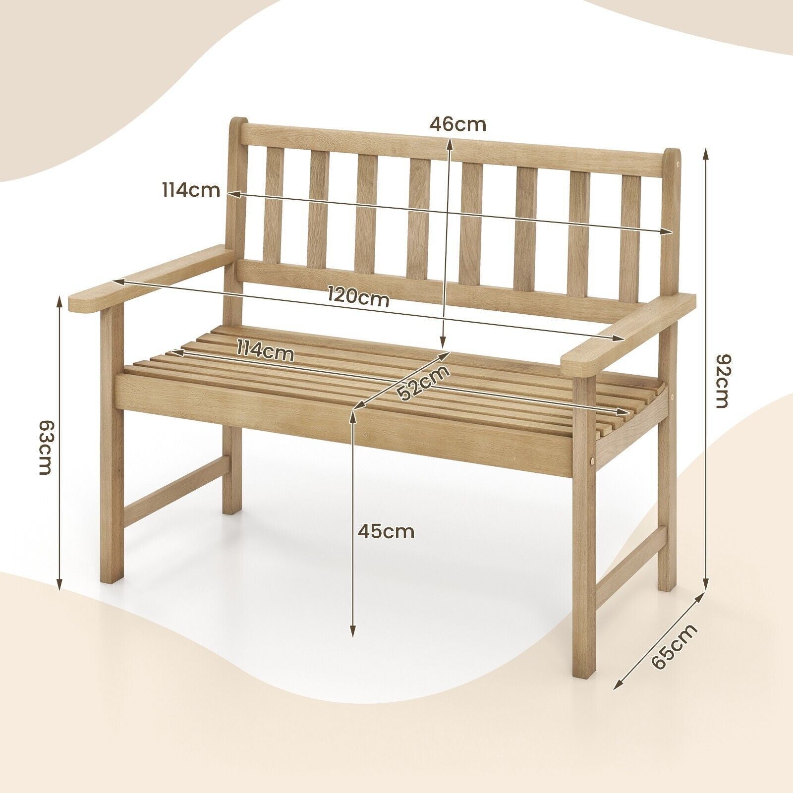 Wood Garden Bench 2-Person Patio Lounger Loveseat Slatted Seat with Backrest