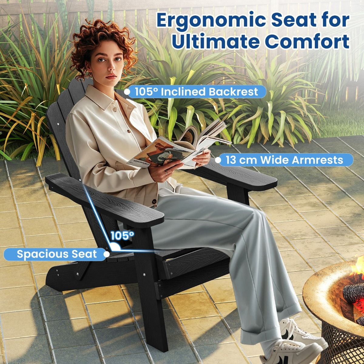 Folding Adirondack Chair with Wide Armrests and Inclined Backrest