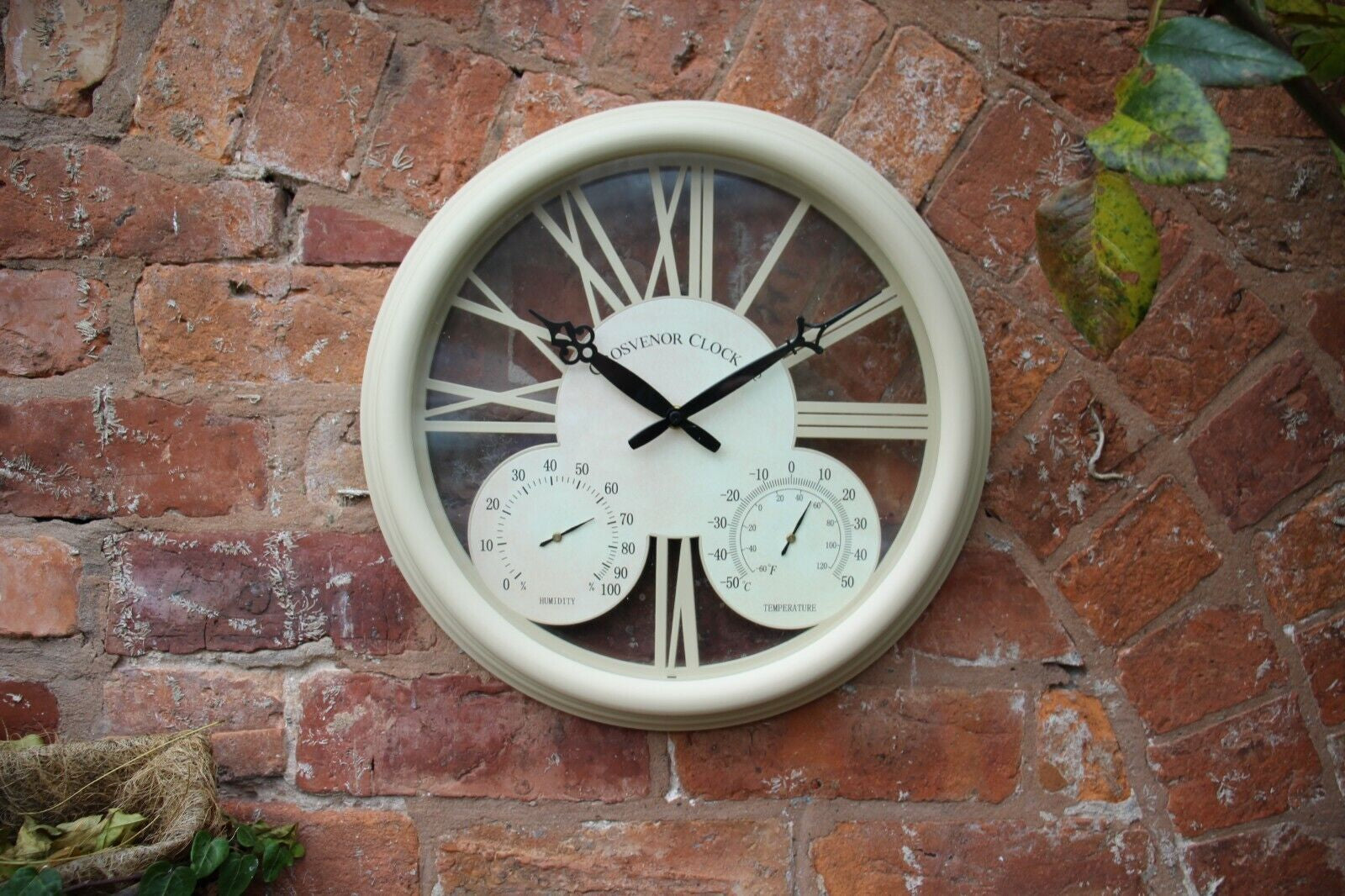Outdoor Garden Station Wall Clock Thermometer & Humidity 38Cm Cream