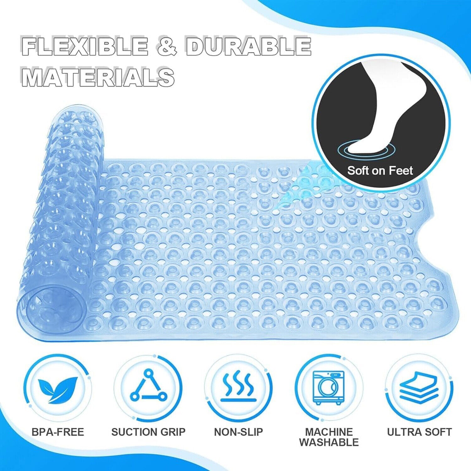 Extra Large Non Slip Bath Mat Bathtub Strong Suction Anti-Mold Rubber Shower Mat