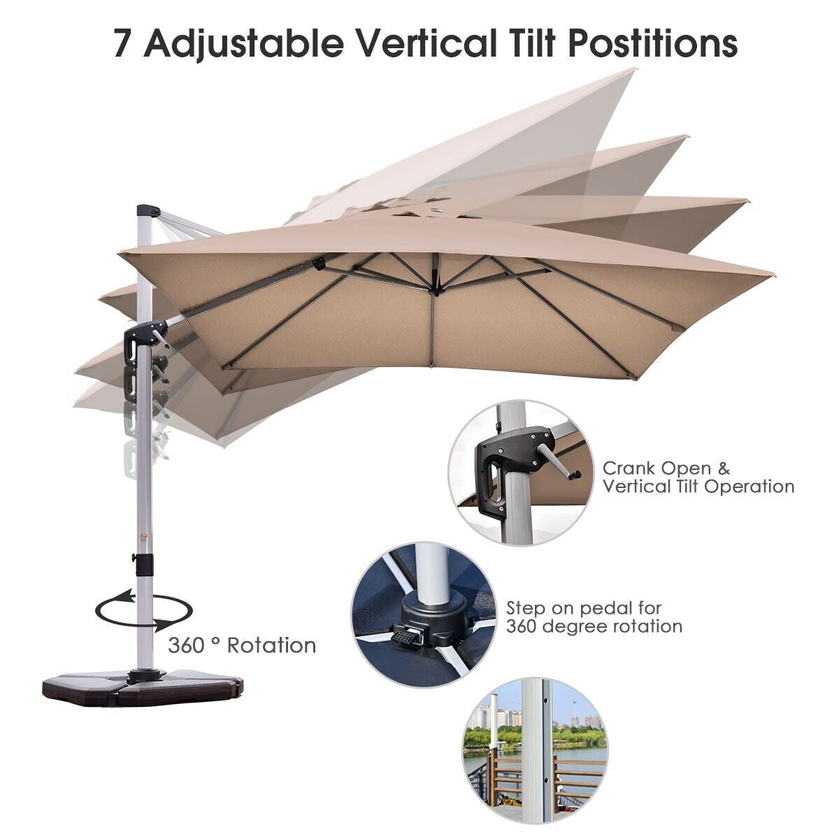 3M Cantilever Garden Parasol with Tilted Design and 360° Rotation