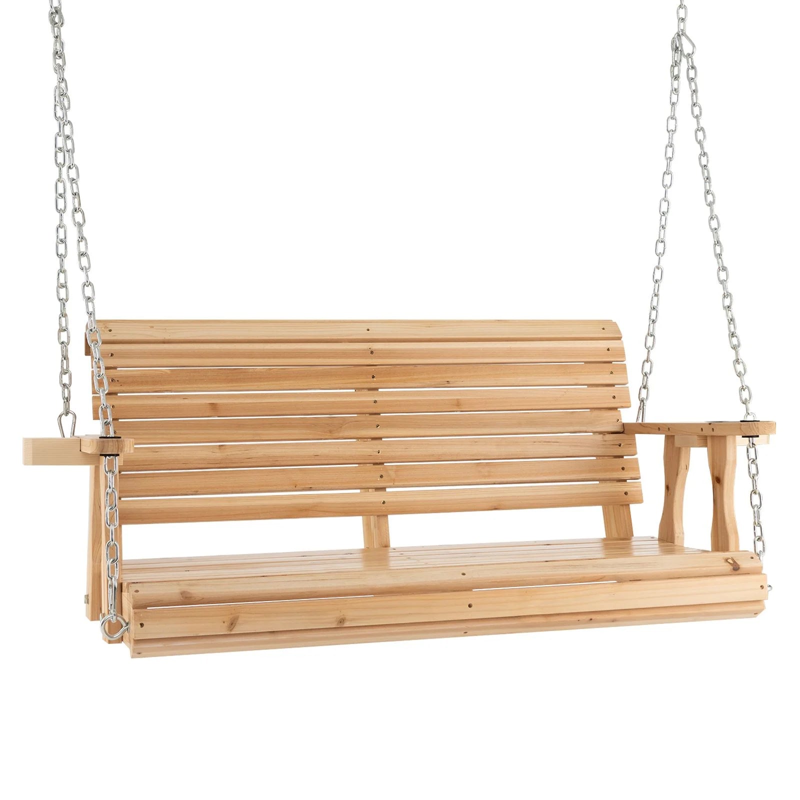 149Cm Wooden Porch Swing with Cup Holders Outdoor Hanging Bench