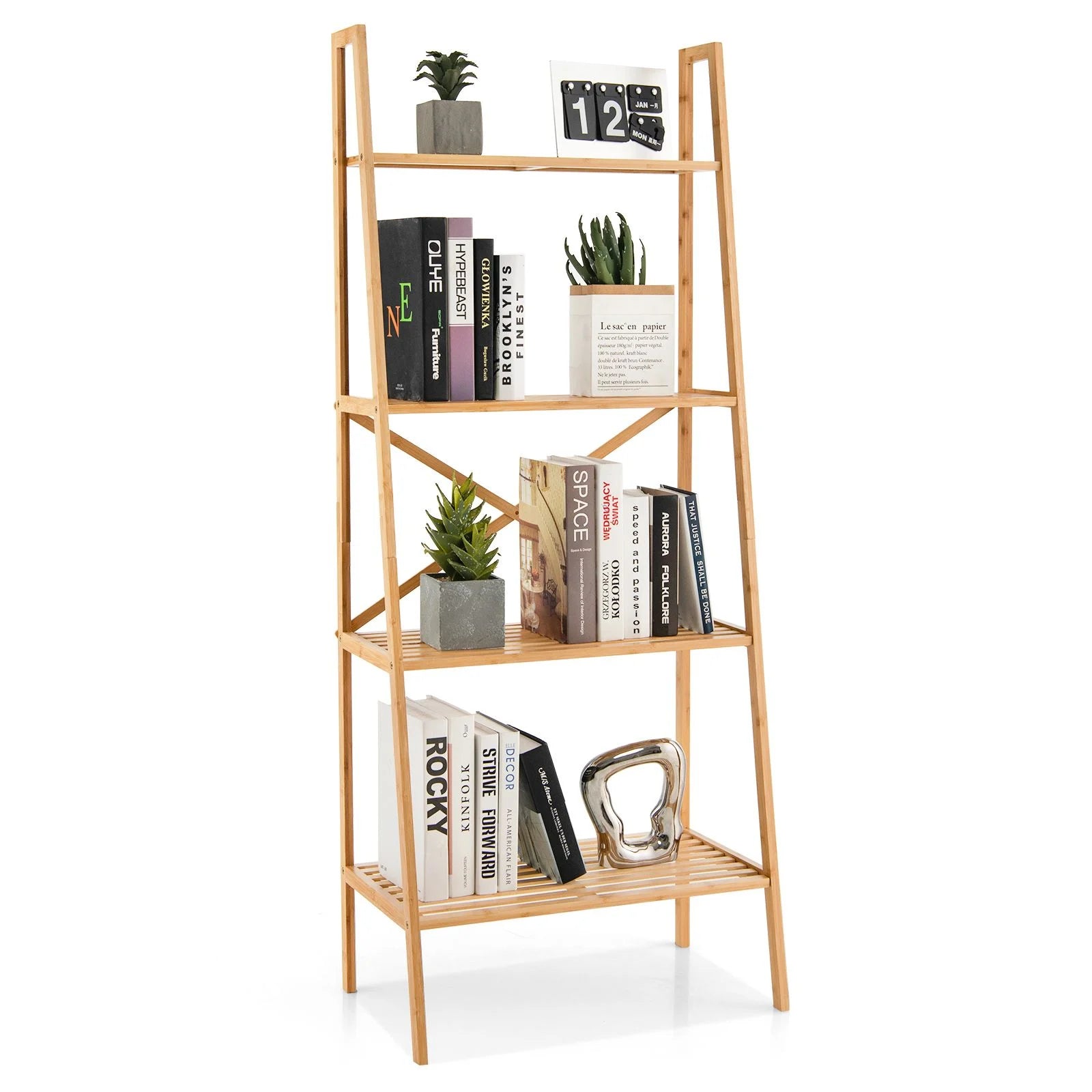 4-Tier Freestanding Bookcase with Anti-Toppling Device for Living Room