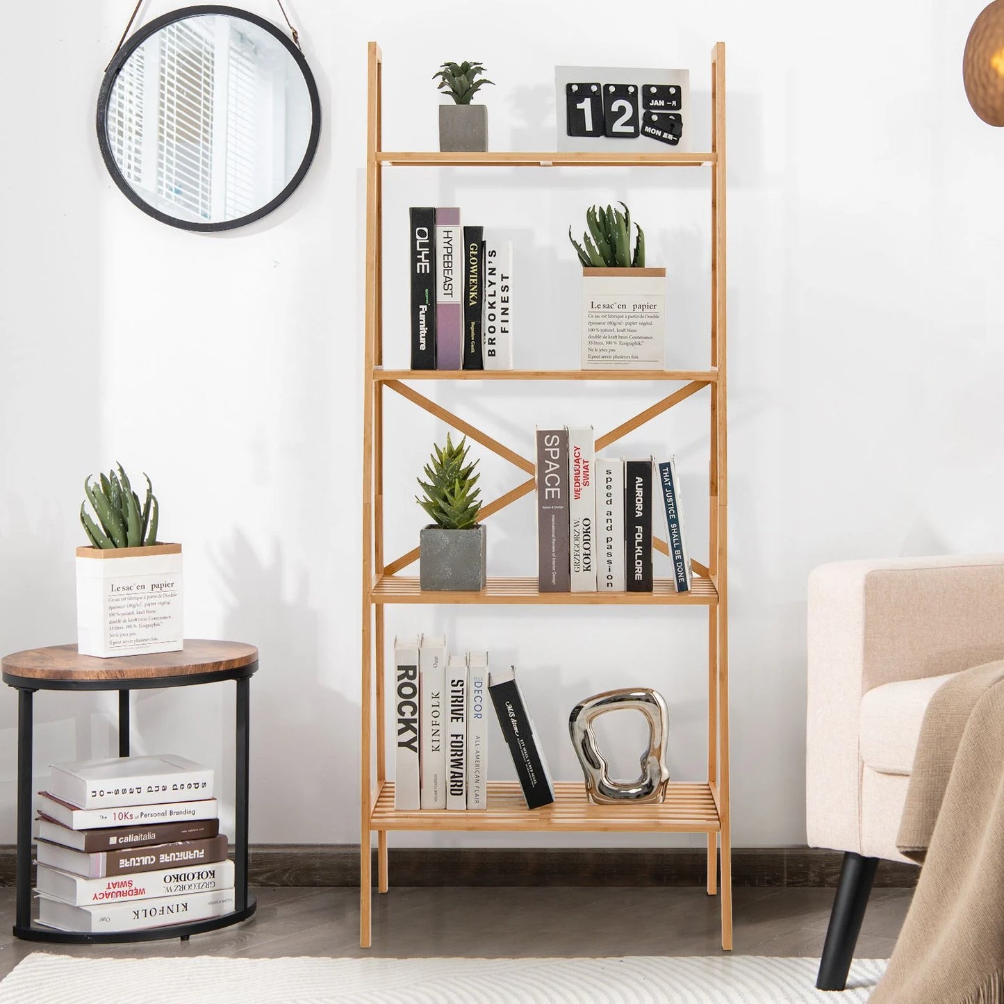 4-Tier Freestanding Bookcase with Anti-Toppling Device for Living Room