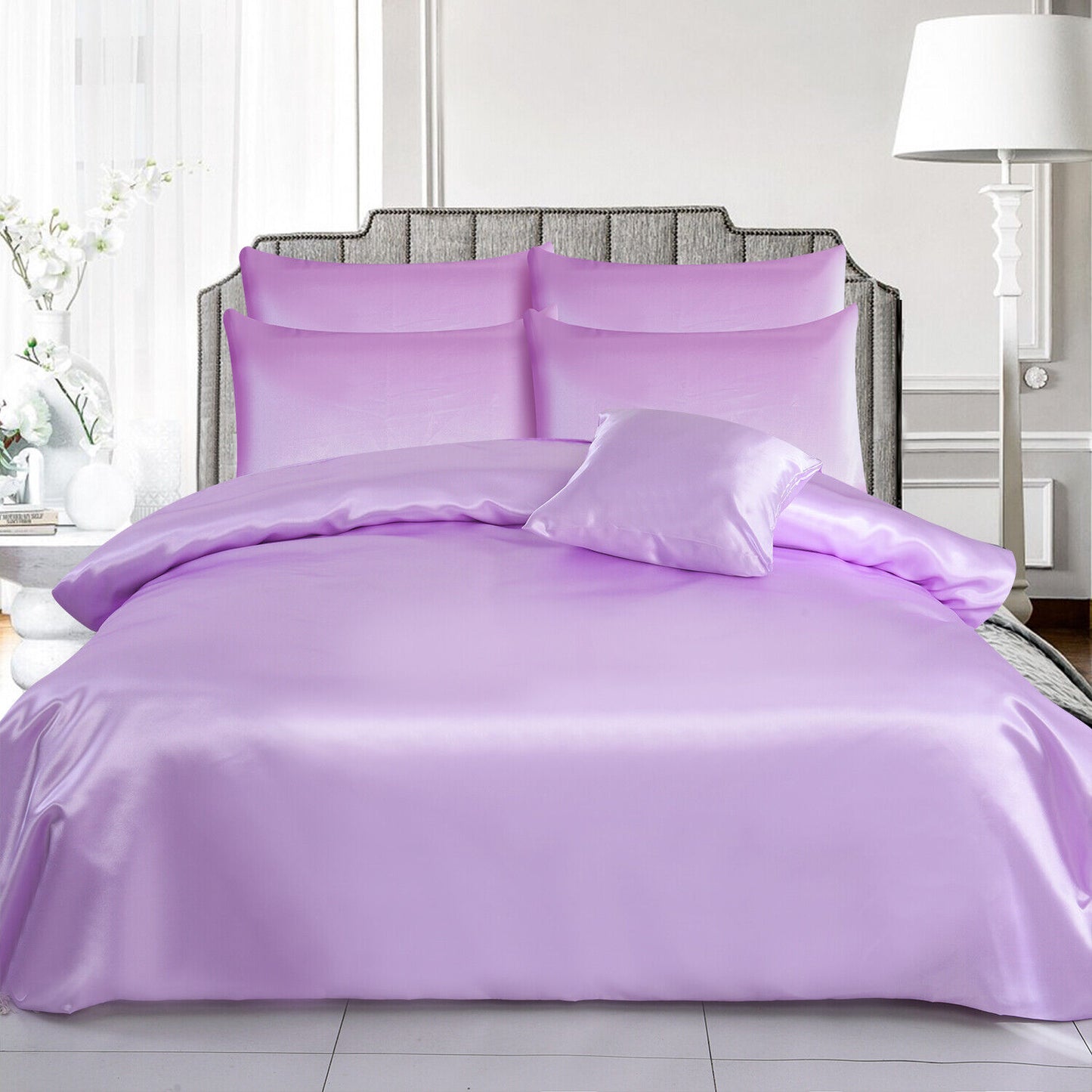 ROOEE 6PCS Satin Silk Complete Bedding Set Fitted Sheet Duvet Cover Pillow Cases