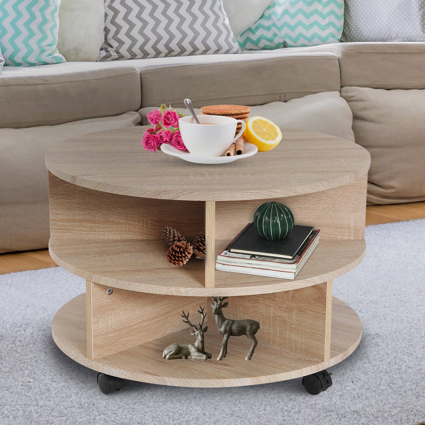 3 Tier round Coffee Table with Storage Shelves for Living Room