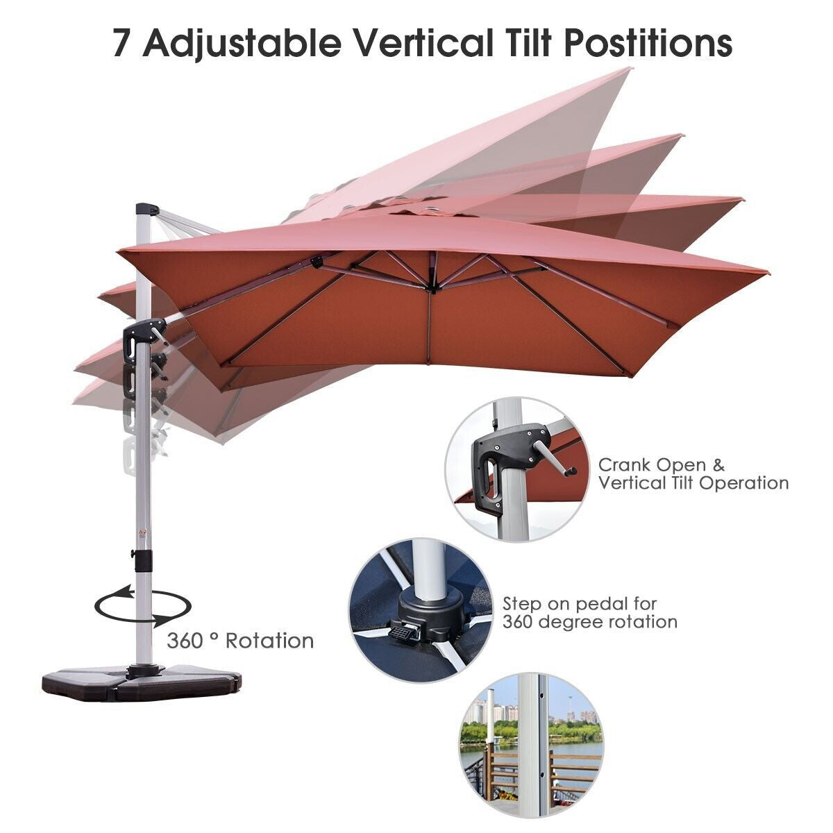 3M Cantilever Garden Parasol with Tilted Design and 360° Rotation