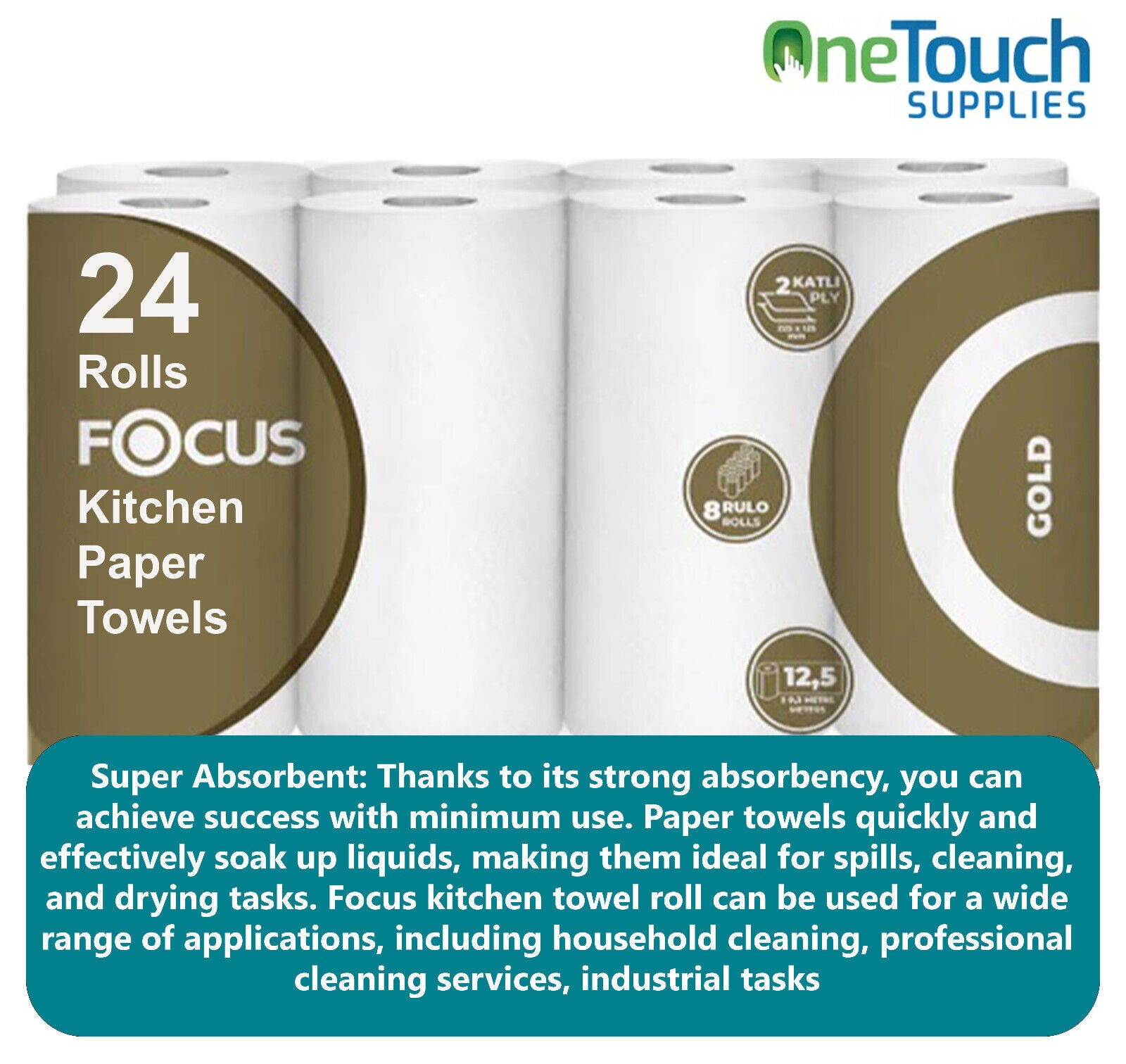 Kitchen Rolls Paper Towels Super Strong White 2 Ply Embossed Absorbent 24 Rolls