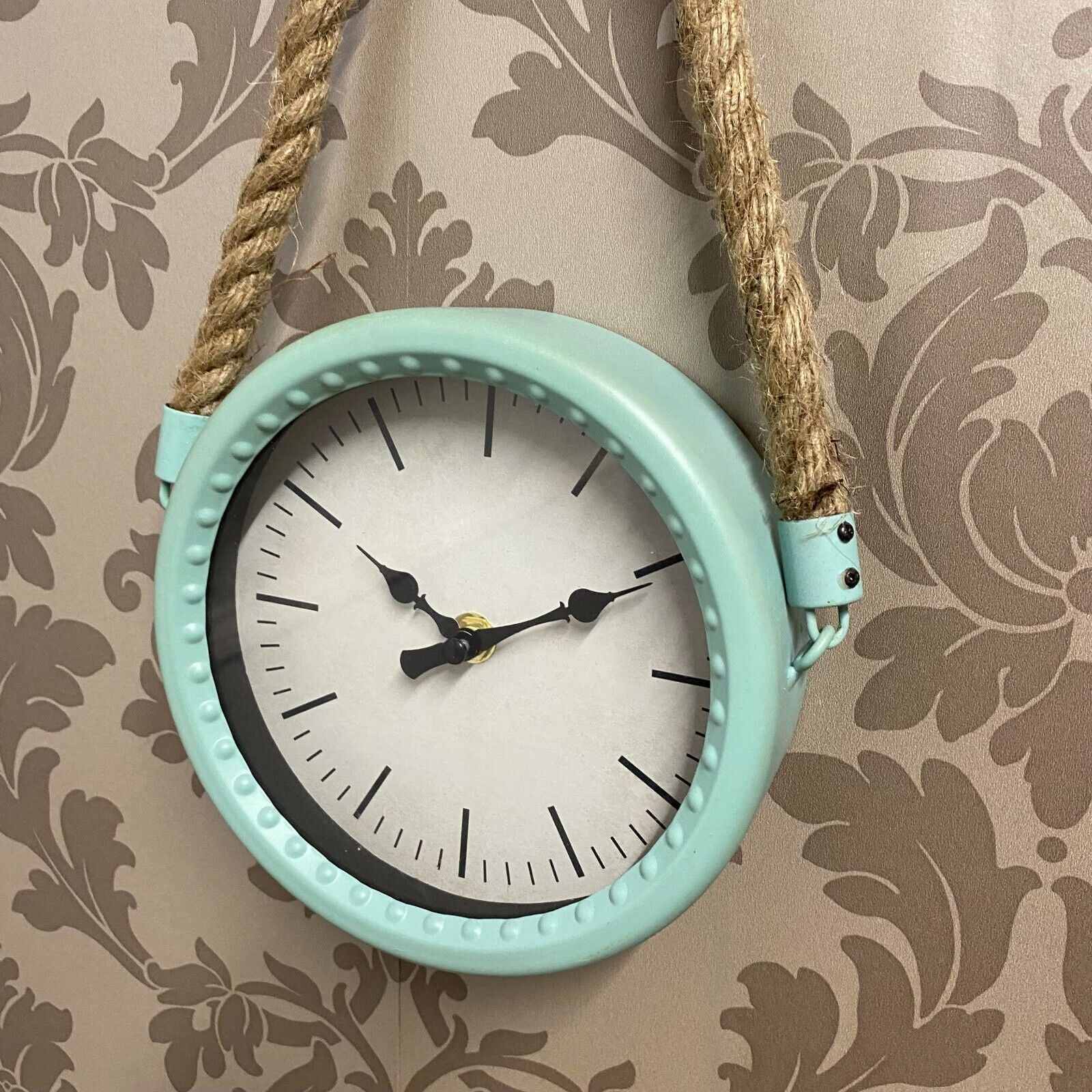 34Cm Rustic Hanging Wall Clock – Pale Green Finish with Rope for Factory Décor