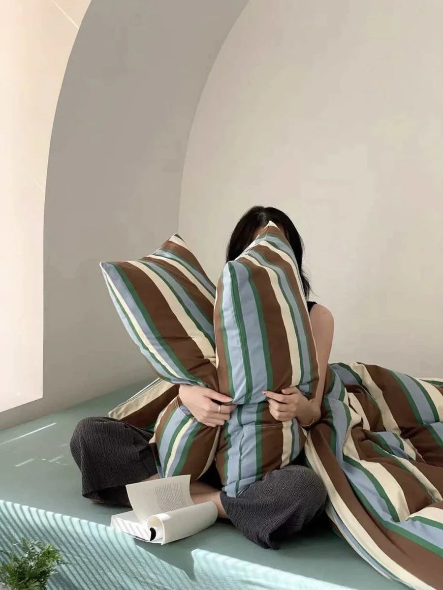 Retro Earthy Tone Stripe Queen Duvet Cover Set with Pillowcases, 100% Cotton