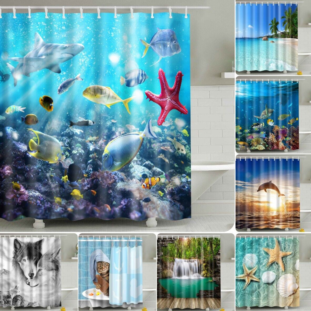 Waterproof Polyester Fabric Bathroom Shower Curtain with Ring Hooks 180 X 180 Cm