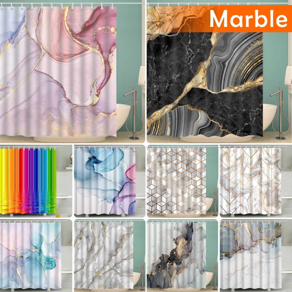 Polyester Shower Curtain 180X180Cm Marble Printed Fabric Waterproof Sheer Panel