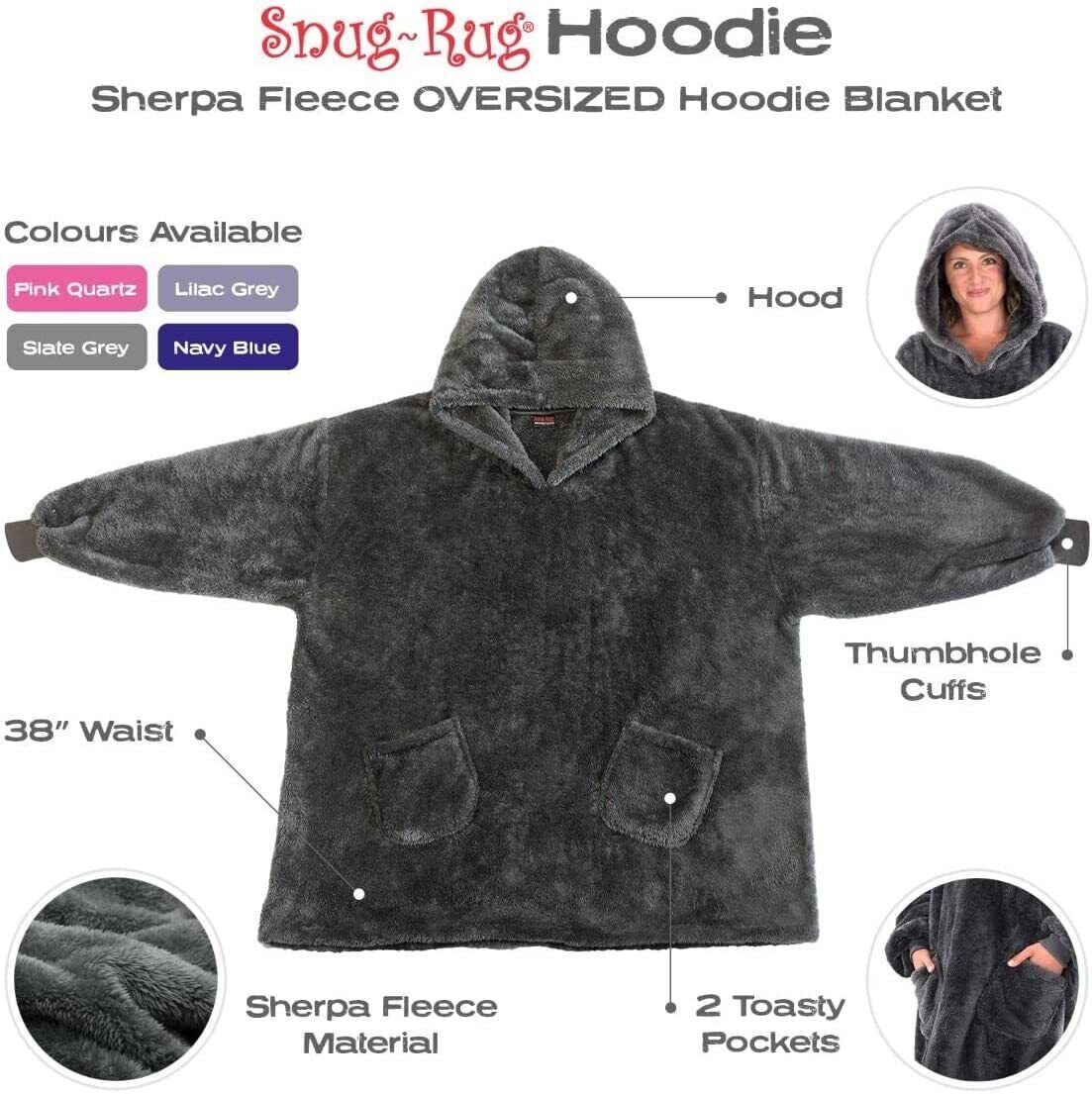 Snugrug Oversized Long Hooded Adult Sherpa Big Fleece Blanket Hoodie Sweatshirt