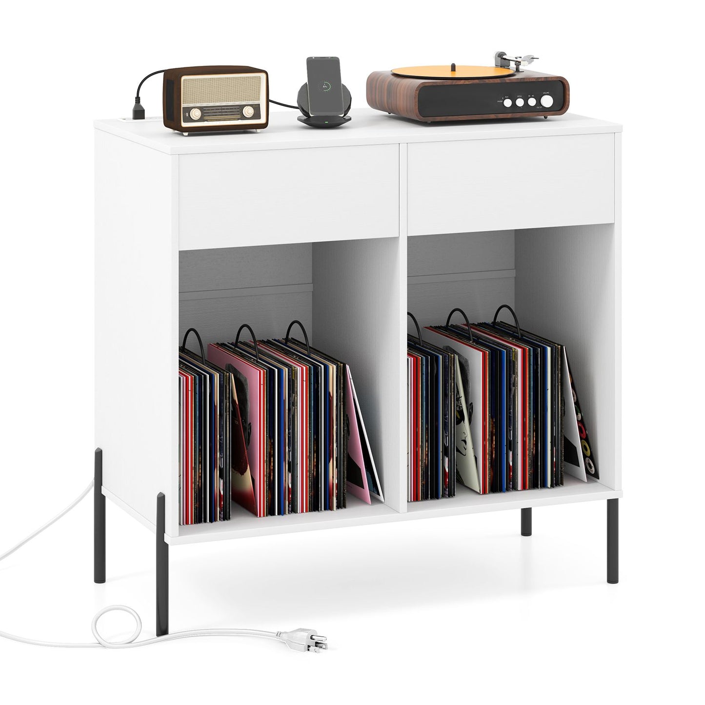 Record Player Stand with Power Outlets and Drawers for Living Room