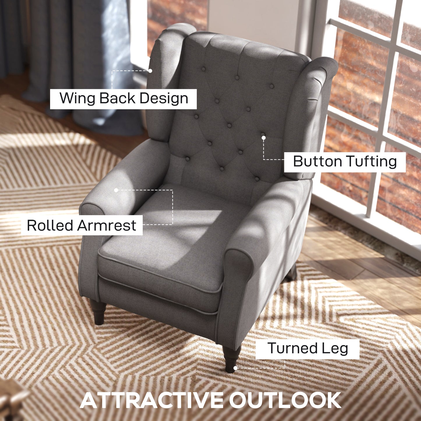 Retro Accent Chair Wingback Armchair with Wood Frame for Living Room