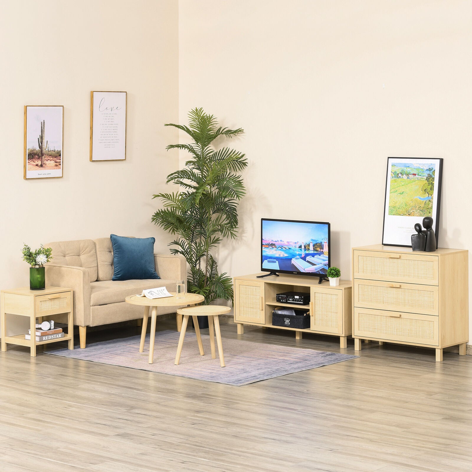 Bedside Table Nightstand W/ Rattan Drawer Storage Shelf Bedroom Living Room