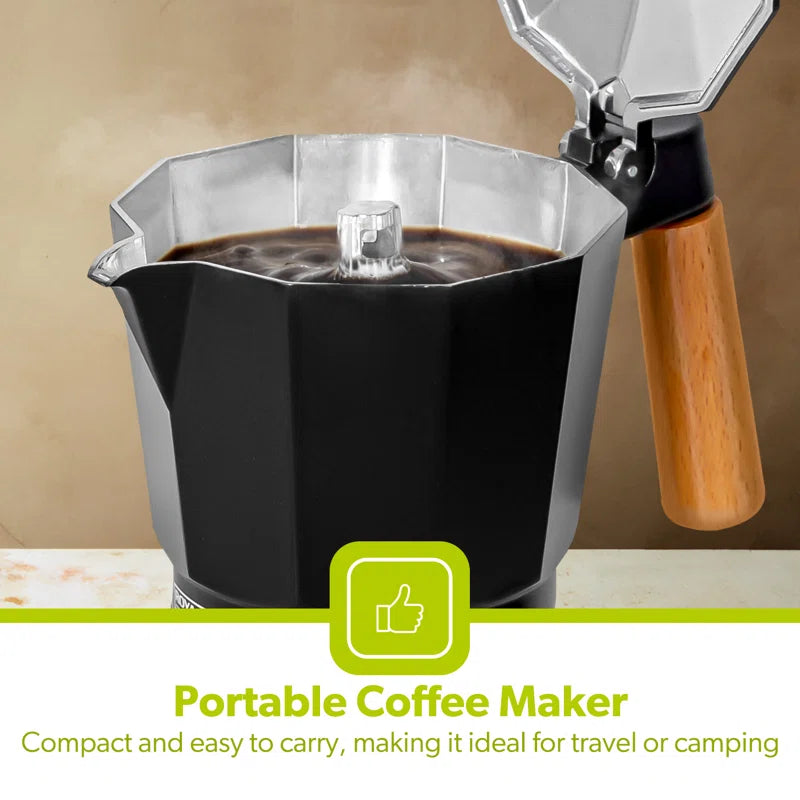 Italian Espresso Coffee Maker Stovetop Moka Pot (6 Cups/300Ml)Traditional, Wooden Handle & Knob, Aluminium, Black