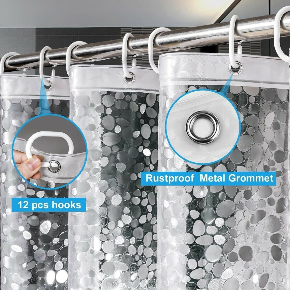 3D Design Modern PEVA Shower Curtain Bathroom Waterproof with Hooks 180Cmx180Cm