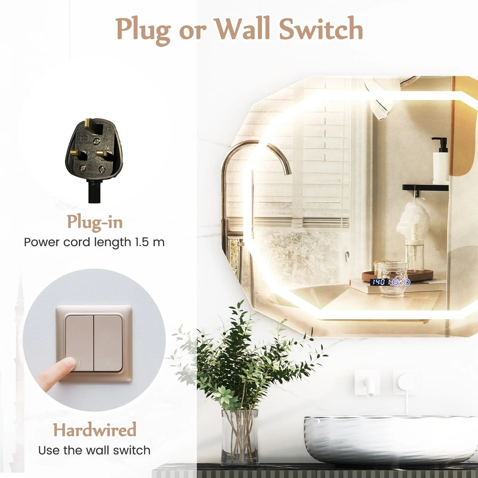 Anti-Fog Mirror LED Bathroom Mirror with 3 Color LED Light