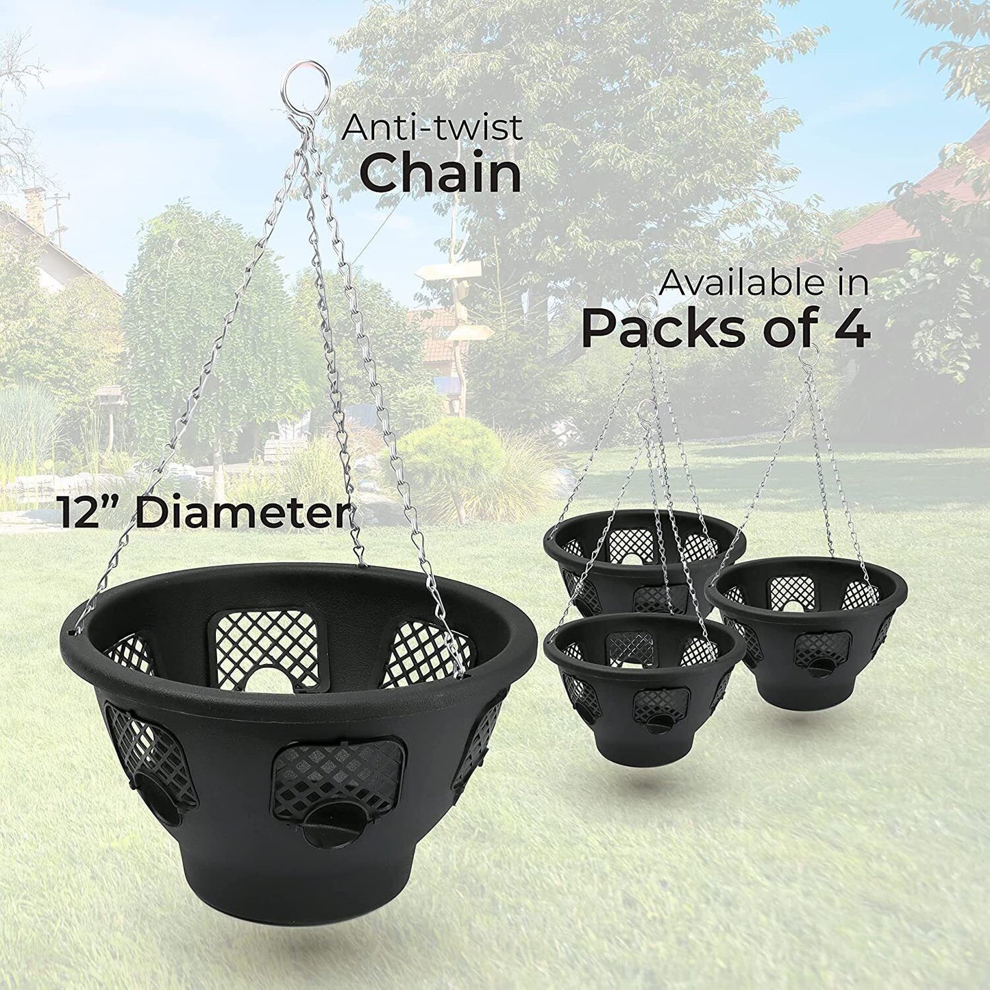PLASTIC HANGING BASKETS for PLANTS FLOWERS GARDEN OUTDOOR HANGING BLACK 12 INCH
