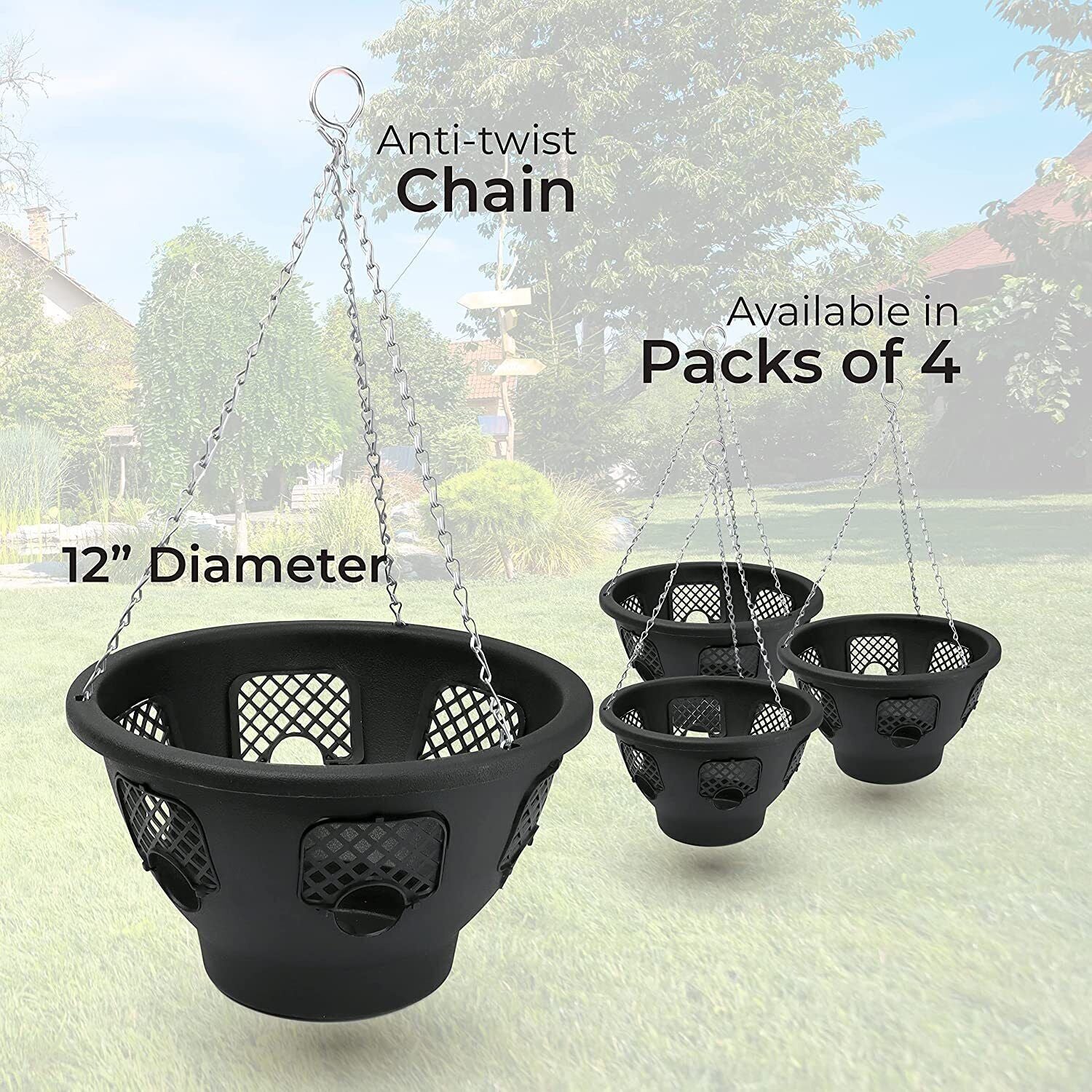 PLASTIC HANGING BASKETS for PLANTS FLOWERS GARDEN OUTDOOR HANGING BLACK 12 INCH