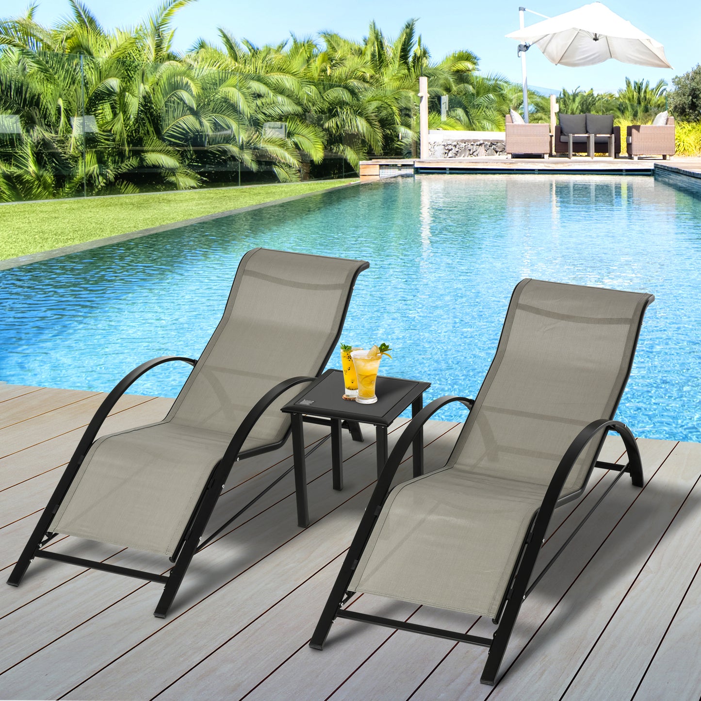 3 Pieces Lounge Chair Set Garden Recliner Chair with Coffee Table for Patio
