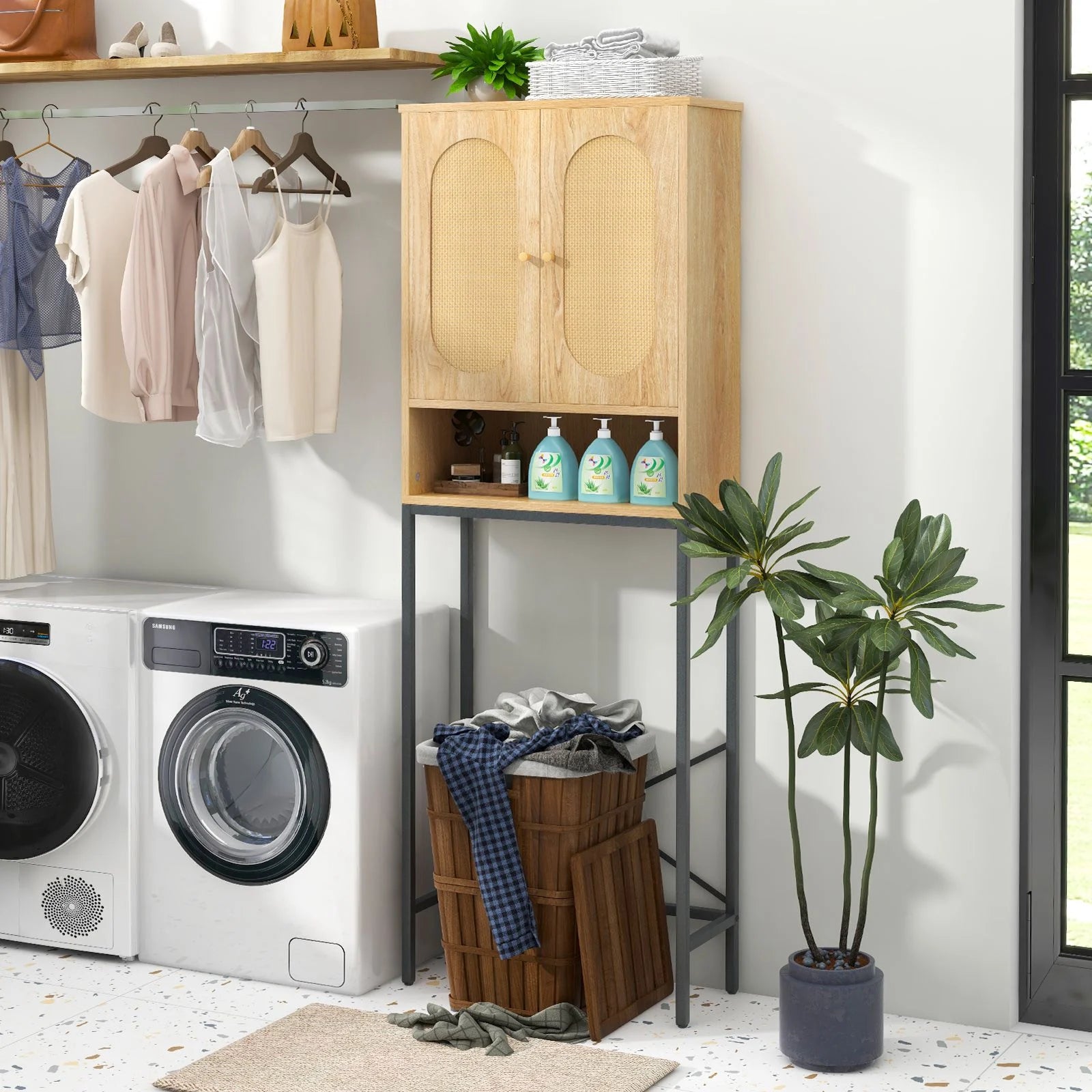 Over the Toilet Freestanding Toilet Storage Cabinet with Rattan Doors