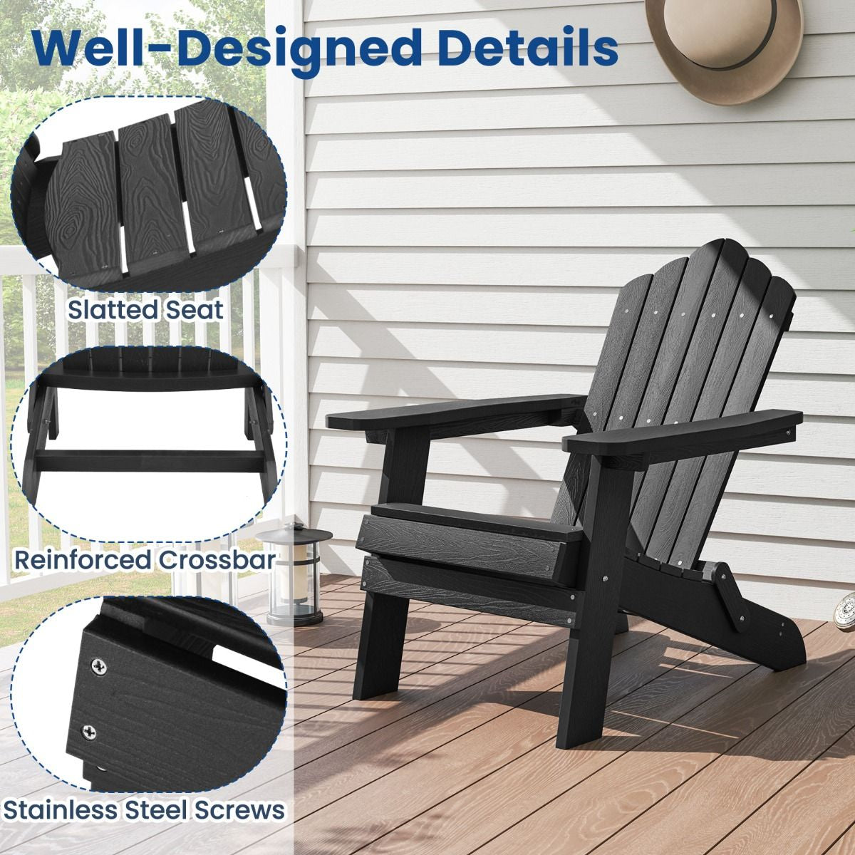 Folding Adirondack Chair with Wide Armrests and Inclined Backrest