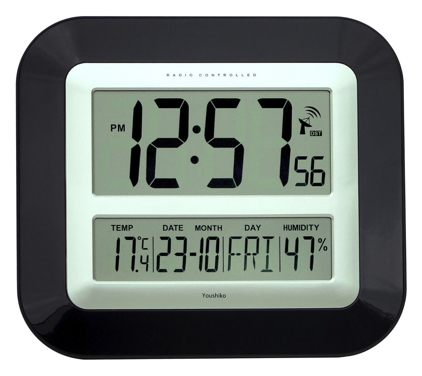 Jumbo LCD Radio Controlled Wall Clock with Temperature and Humidity Display
