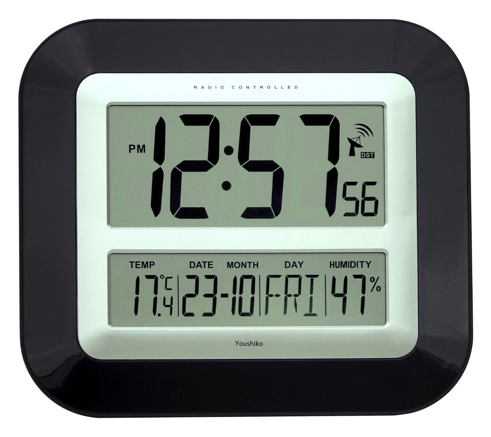 Jumbo LCD Radio Controlled Wall Clock with Temperature and Humidity Display