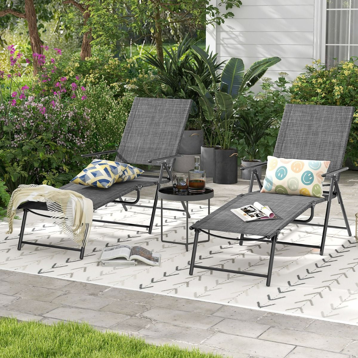 Patio Folding Chaise Lounge Chairs with 6-Level Backrest and Solid Metal Frame
