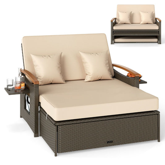 Outdoor Wicker Daybed PE Rattan Loveseat with Folding Panels and Storage Ottoman