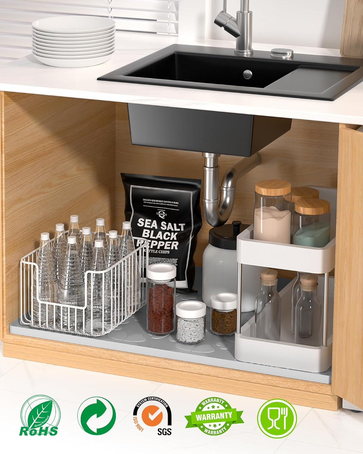 Waterproof under Sink Mat for 34" X 22" Cabinet Protector, Silicone Sink Mat for Kitchen and Bathroom, Easy to Clean Kitchen Cabinet Liner under Sink Drip Tray for Leaks