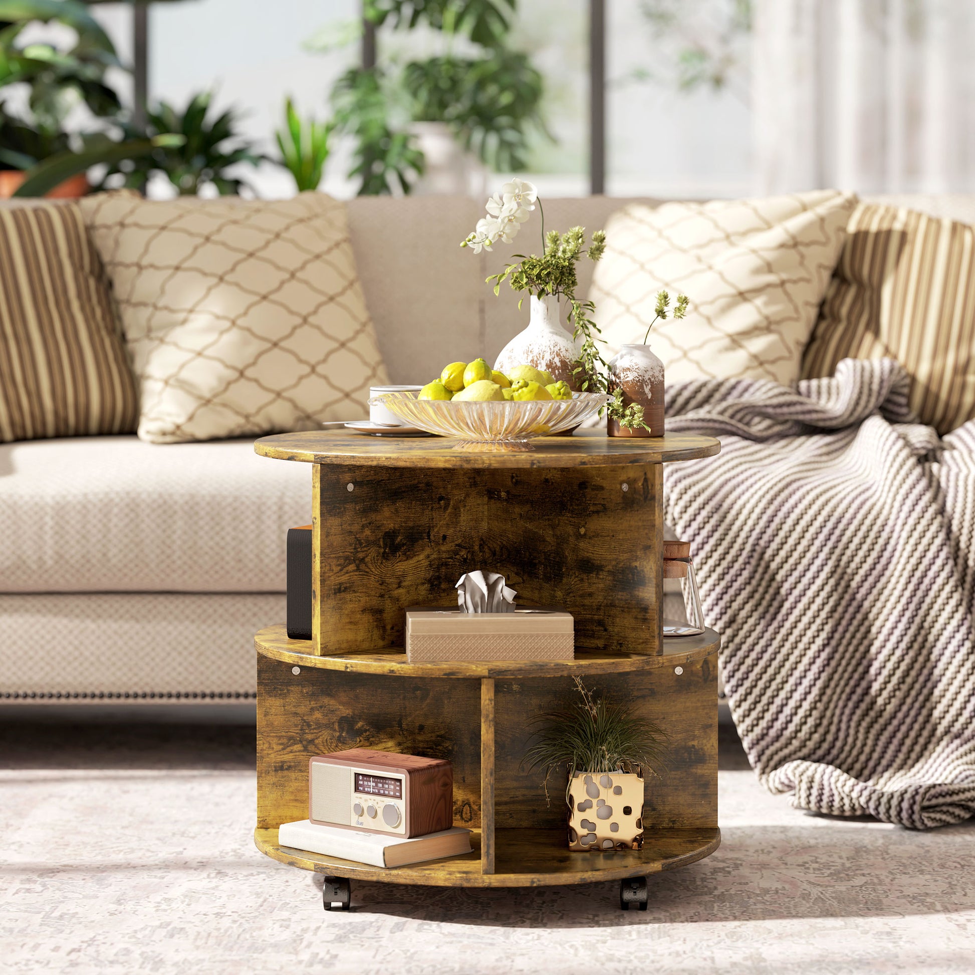 3 Tier round Coffee Table with Storage Shelves for Living Room
