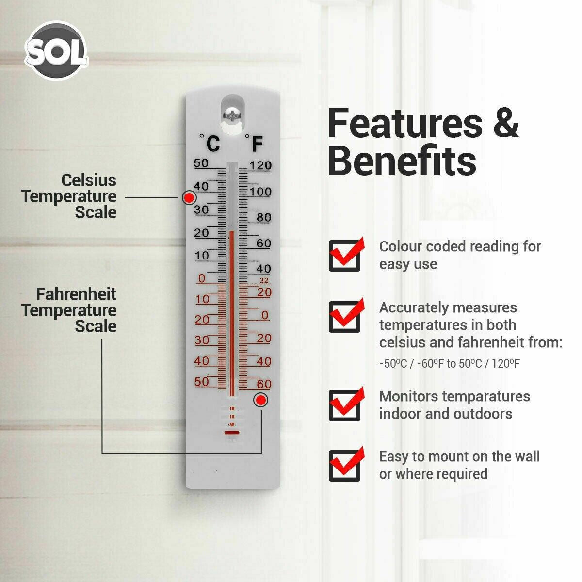 21.5Cmx3.7Cm WALL THERMOMETER INDOOR OUTDOOR GARDEN GREENHOUSE HOME OFFICE ROOM