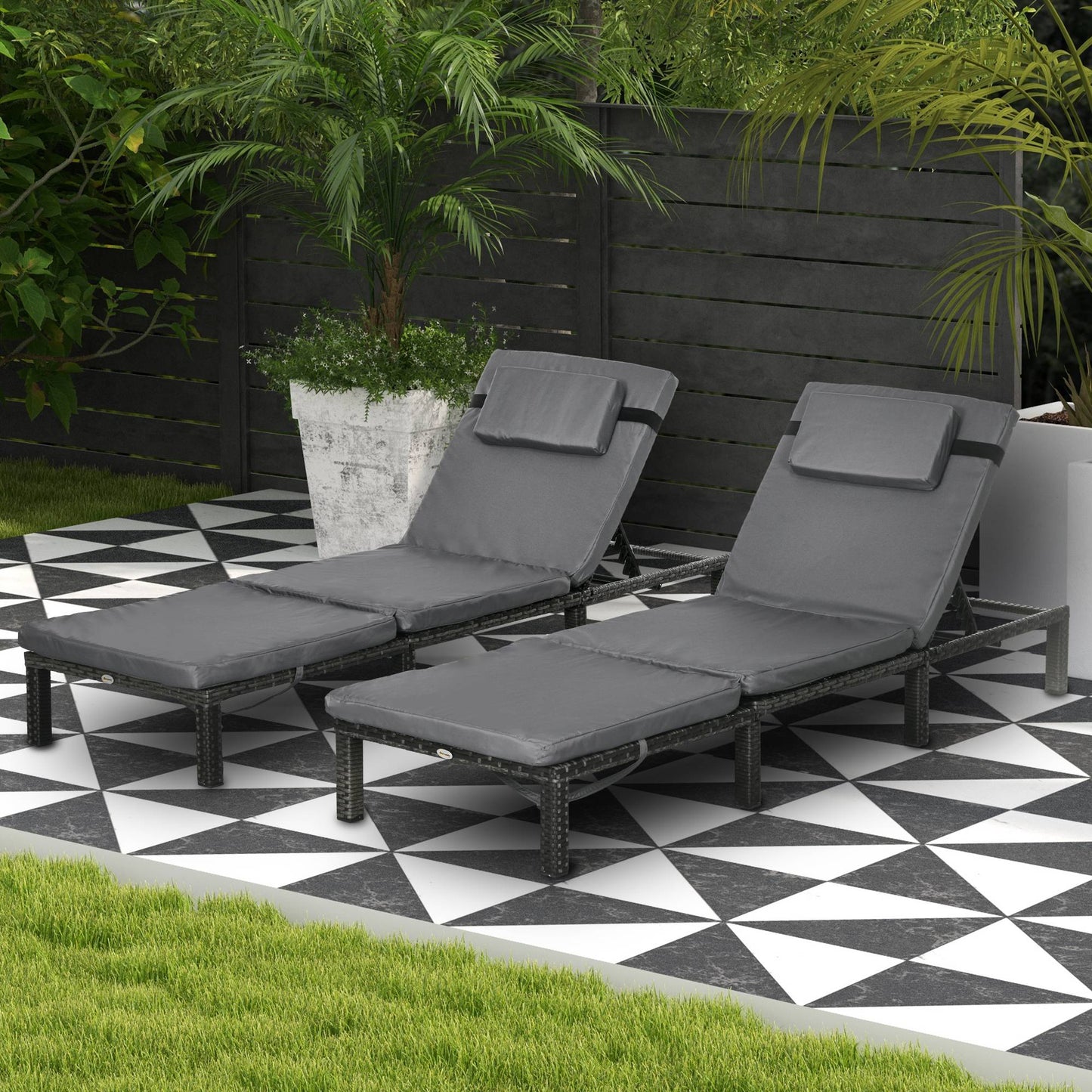 Rattan Sun Loungers Set of 2 W/ 5-Level Adjustable Backrest Headrest