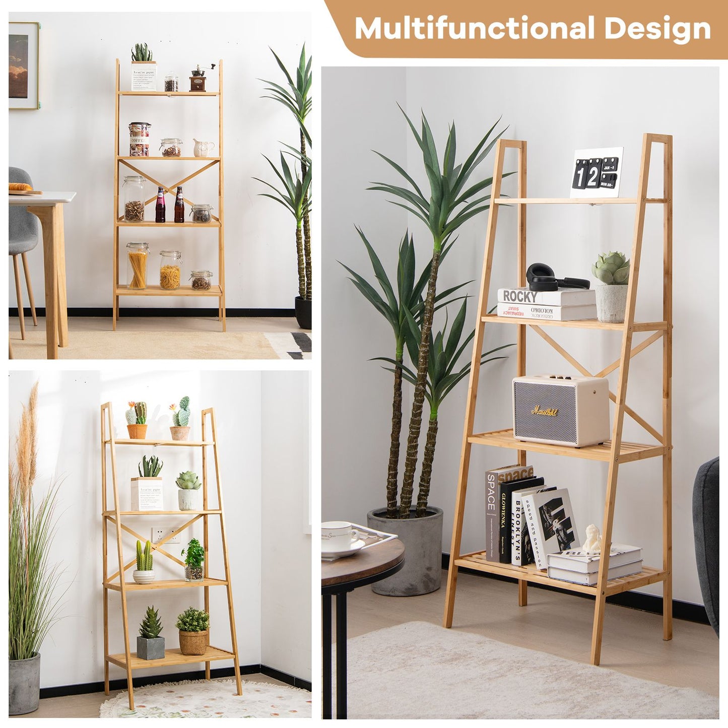 4-Tier Freestanding Bookcase with Anti-Toppling Device for Living Room