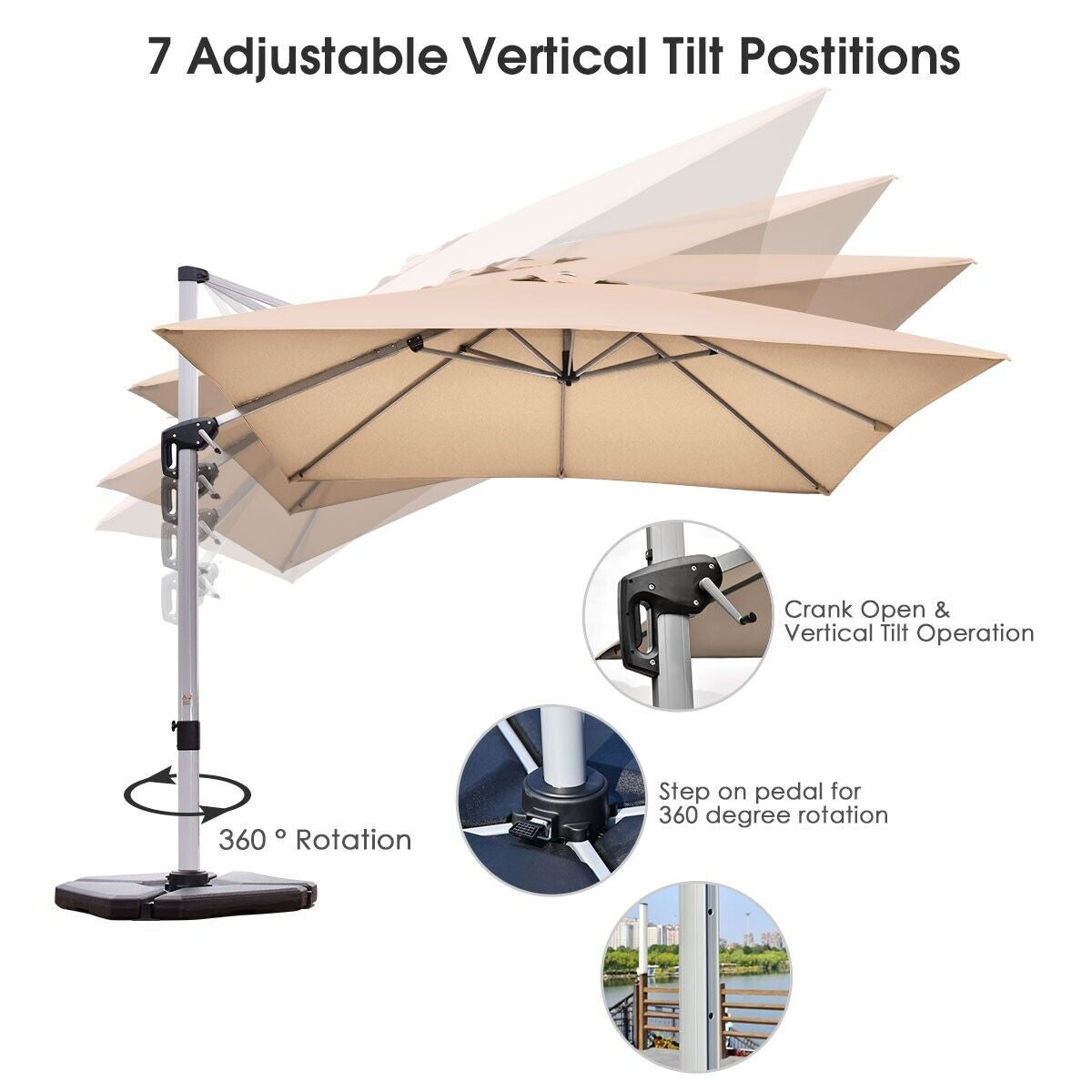 3M Cantilever Garden Parasol with Tilted Design and 360° Rotation