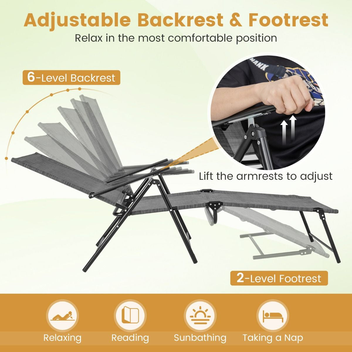 Patio Folding Chaise Lounge Chairs with 6-Level Backrest and Solid Metal Frame