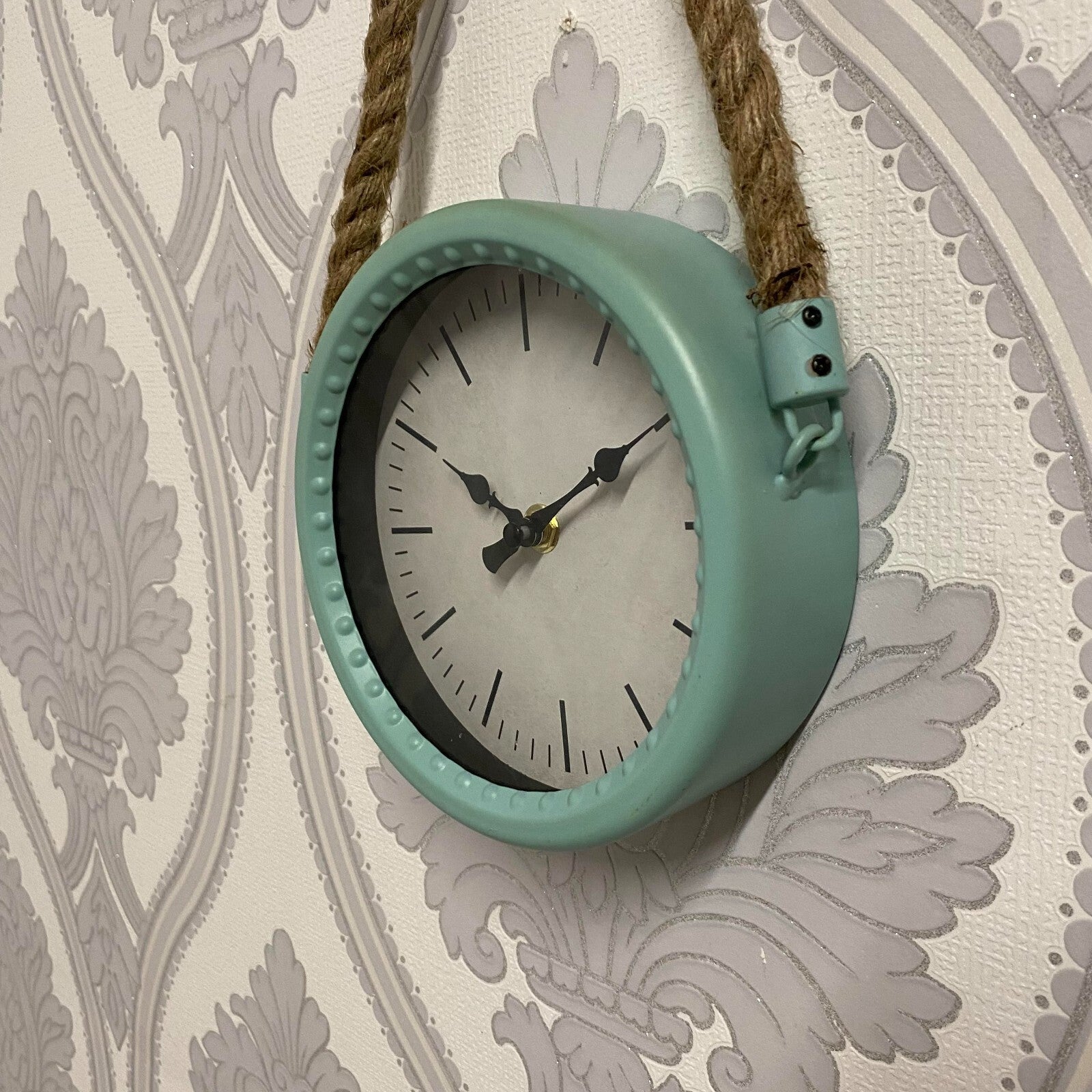 34Cm Rustic Hanging Wall Clock – Pale Green Finish with Rope for Factory Décor