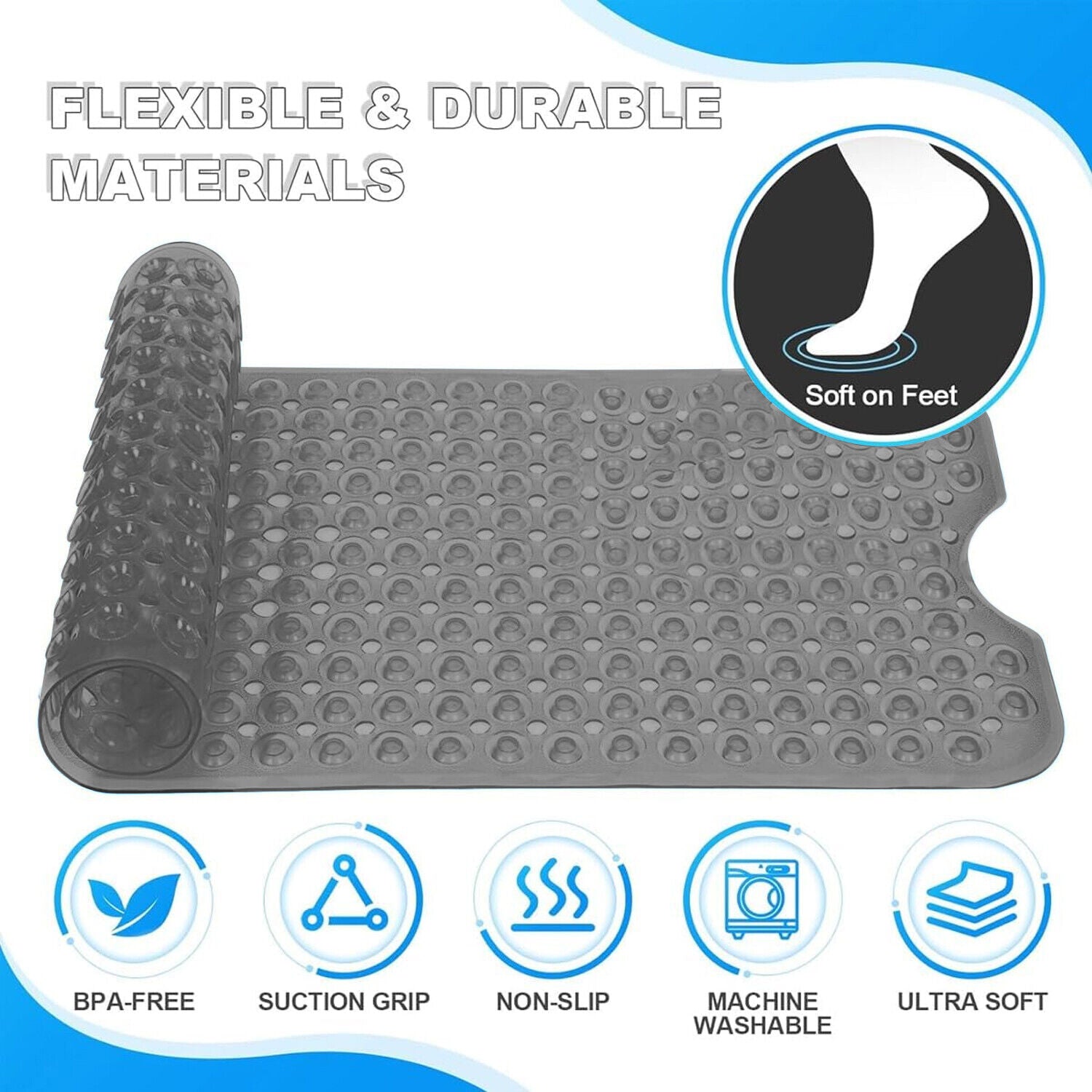 Extra Large Non Slip Bath Mat Bathtub Strong Suction Anti-Mold Rubber Shower Mat