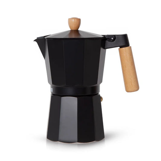 Italian Espresso Coffee Maker Stovetop Moka Pot (6 Cups/300Ml)Traditional, Wooden Handle & Knob, Aluminium, Black