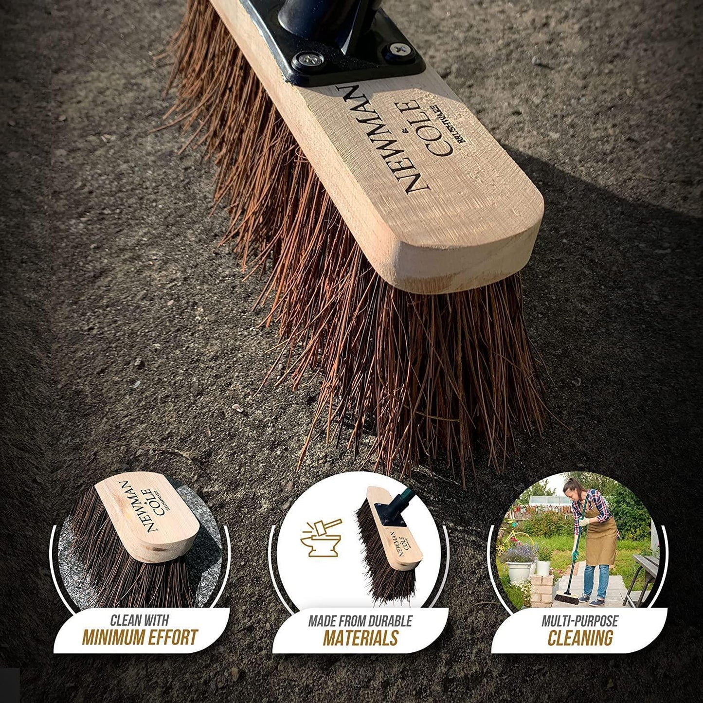 Outdoor Garden Broom Head with Handle Stiff Bassine Brush Yard Sweeping Bristle