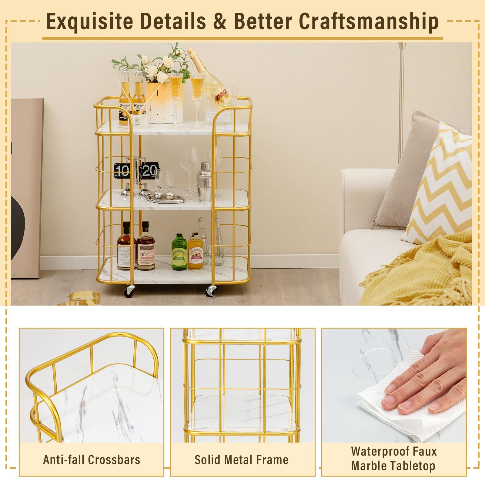 3-Tier Rolling Buffet Serving Cart with Lockable Wheels and Handles