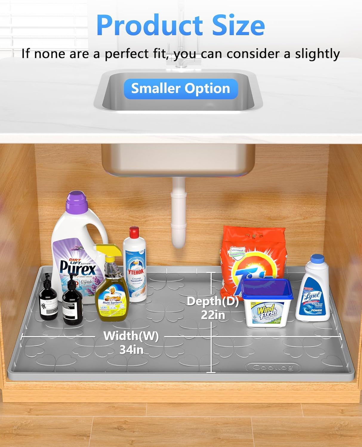 Waterproof under Sink Mat for 34" X 22" Cabinet Protector, Silicone Sink Mat for Kitchen and Bathroom, Easy to Clean Kitchen Cabinet Liner under Sink Drip Tray for Leaks