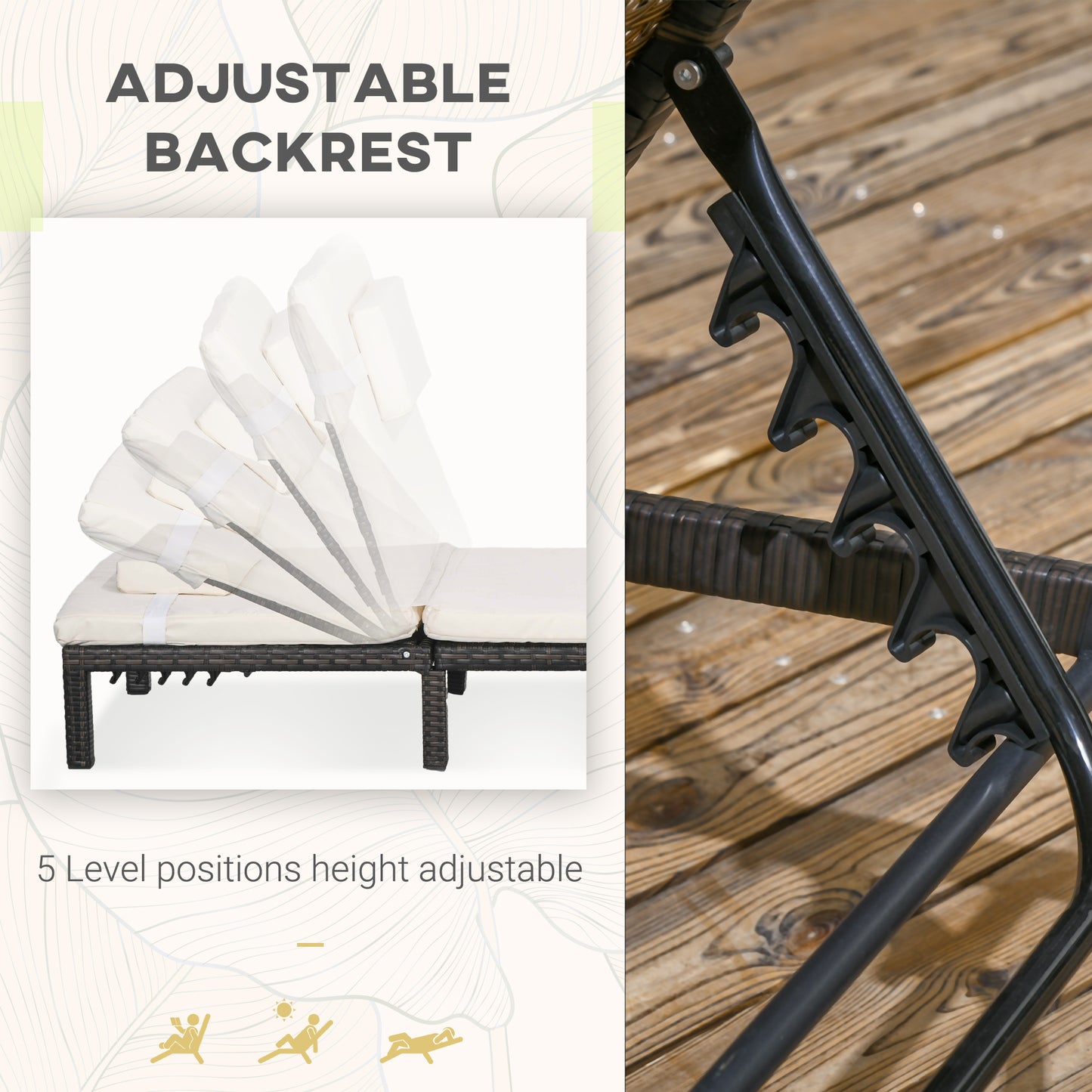 Rattan Sun Loungers Set of 2 W/ 5-Level Adjustable Backrest Headrest