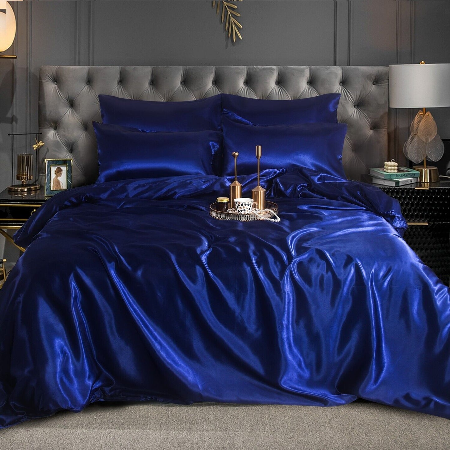 ROOEE 6PCS Satin Silk Complete Bedding Set Fitted Sheet Duvet Cover Pillow Cases