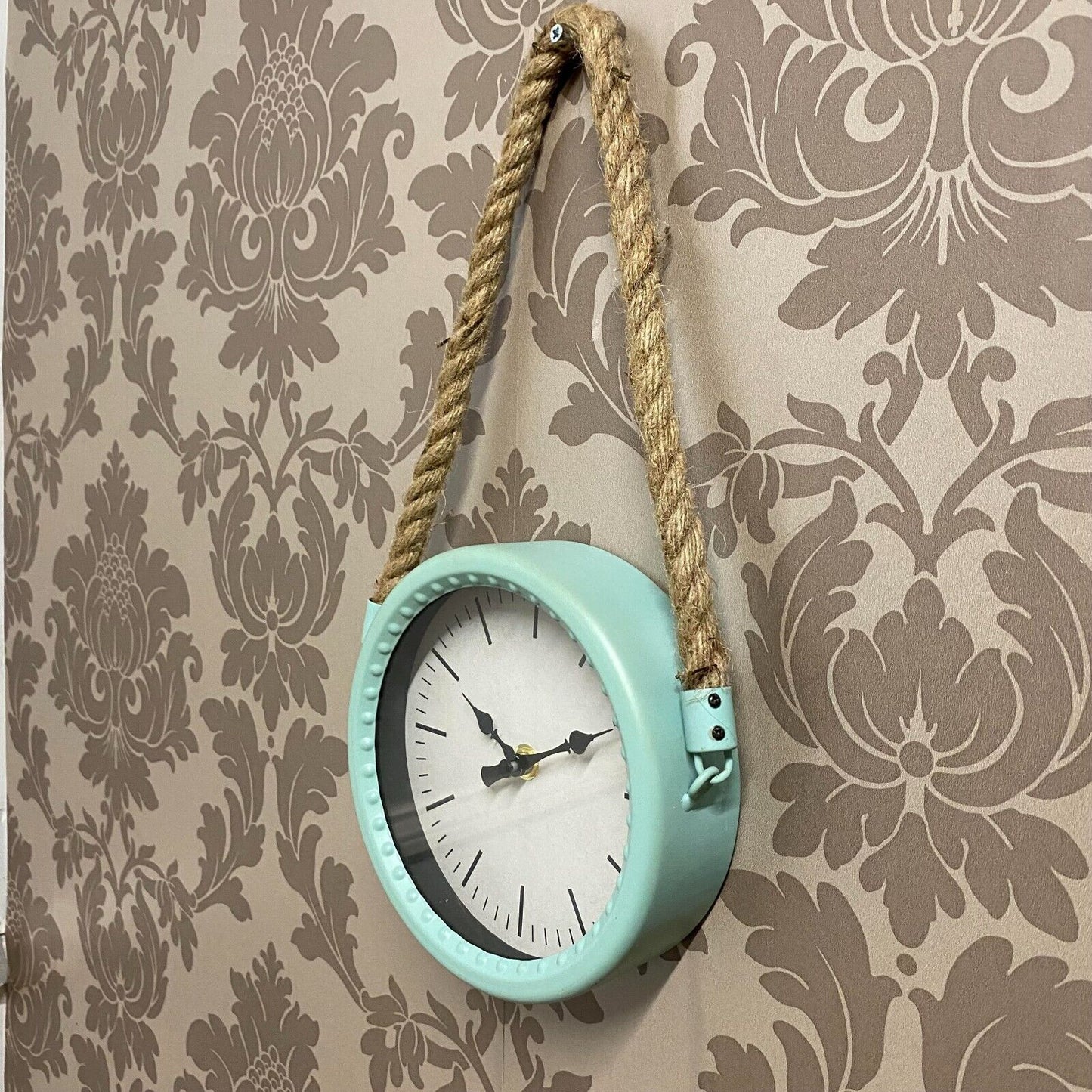 34Cm Rustic Hanging Wall Clock – Pale Green Finish with Rope for Factory Décor